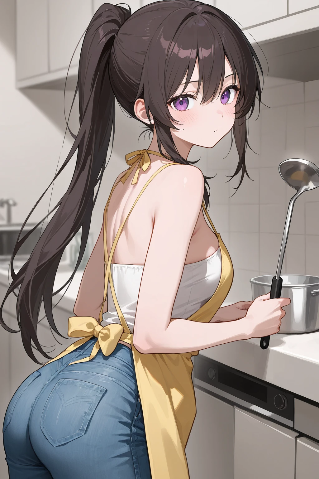 1girl, aaishtar, long hair, two side up, hair ribbon, tiara, parted bangs, hoop earrings, jewelry, bare shoulders, neck ring, black micro shorts, solo, perfect hands, standing, backwards ass, bubblebutt, anime screencap, looking over the shoulder, cowboy shot, on kitchen, masterpiece, best quality, highly detailed, vivid color