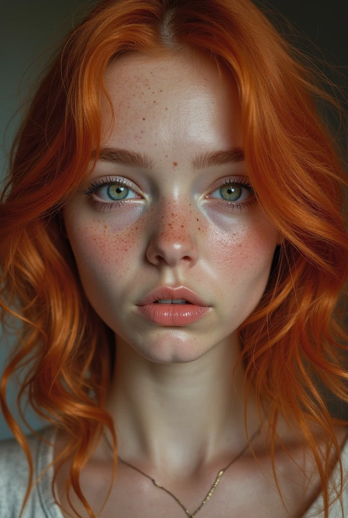 a women with red straight silky hair blue eyes freckles red eyebrows button nose red lips dimples 