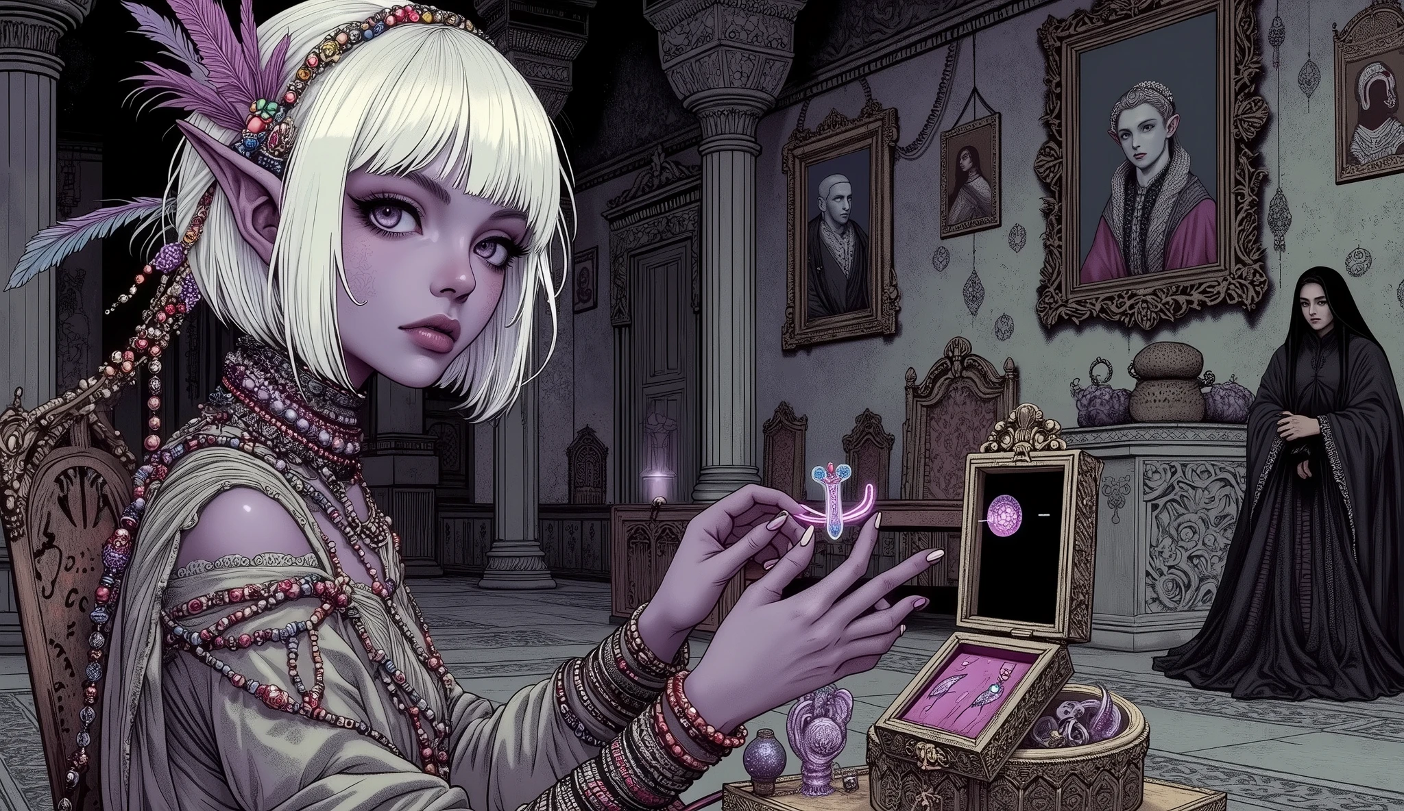 (A fusion of Ukiyo-e and dark fantasy. Aesthetic and gothic digital art. Illustrations are drawn from the perspective of looking up diagonally from the ground.) BREAK
(White hair. Blunt bangs. White eyebrows. Long white eyelashes. Almond-shaped eyes. Lavender eyes. Dark, thick eyeliner. Small pink lips. Slightly pointy ears. Dark, dark purple skin. Thin limbs. Thin fingers. White fingernails. One thumb and four fingers accurately drawn.) BREAK
(The world of the Dracula legend is set in medieval Romania. It is late at night and very dark. A female vampire hunter, a dark elf, is in a lavishly furnished room in Count Dracula's castle, her back turned and her body twisted in a daring pose and action, holding a ring with a black-purple aura from an opulent platinum jewelry box with a velvet bottom, containing a strange, ancient ring, bracelet, necklace, tiara, and hairpin. He holds a ring with a black-purple aura from the The room is well-kept, and portraits of Count Dracula and his beautiful wife hang on the walls. The woman wears a choker adorned with colorful beads and red and blue jewels, a church-like tunic of gray linen, and a Turkish silk cloth elegantly wrapped around her waist. She wears a gray, thin, transparent organza skirt with a deep slit, braided sandals, and beaded bracelets and anklets on her wrists and ankles. She weaves beautifully colored bird feathers into her hair.)