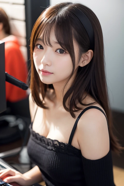 40-year-old Japanese woman、Black Hair、Hair is very short、Twin tails、Hatsune Miku Costume、Headphones、Flat Chest、Realistic photos、Realistic、8K quality、expensive、No bangs、High resolution, Highest quality, Anatomically correct, Winner of numerous awards, Ultra high definition, Live Performance Venues、Playing the piano、Wide-angle shot, 