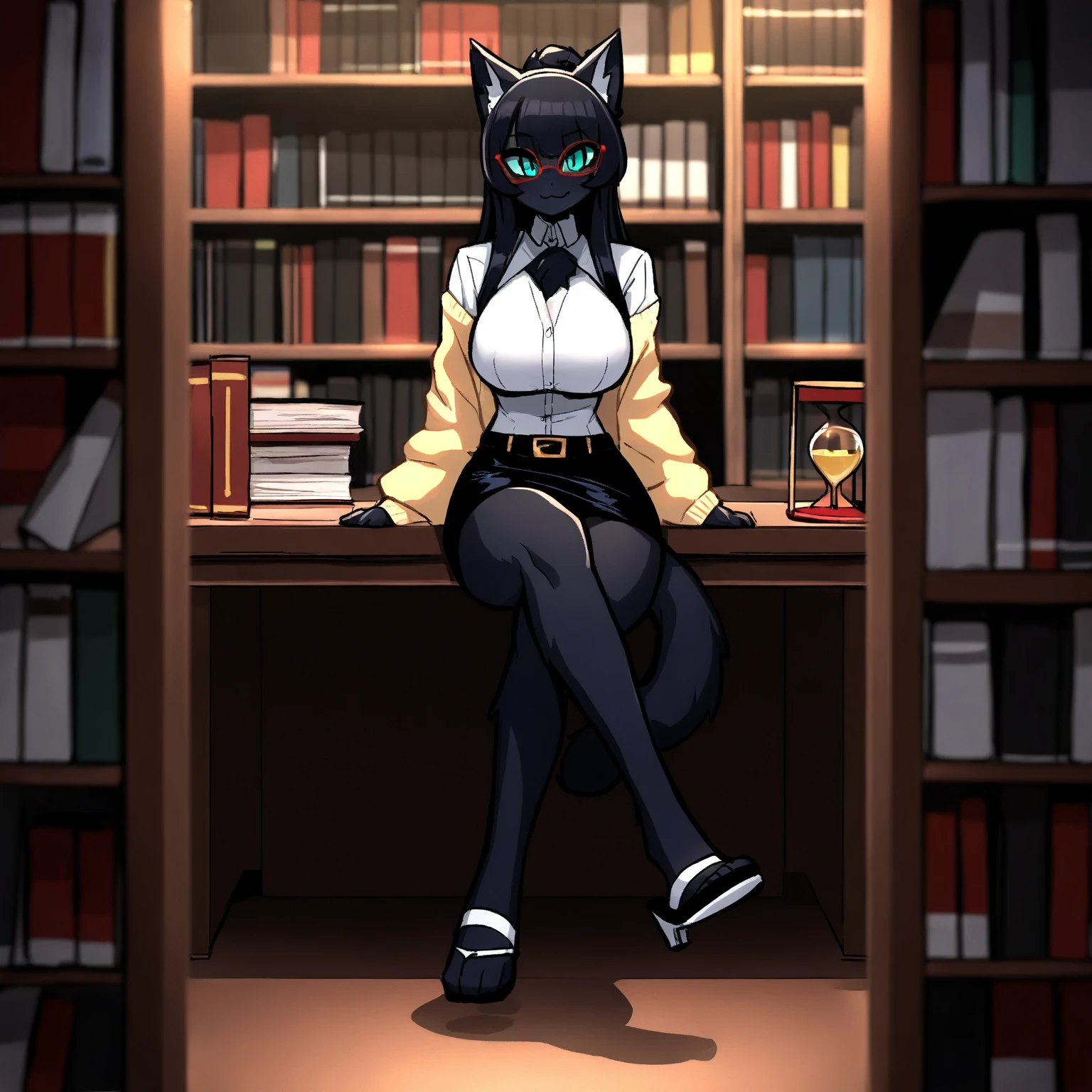 masterpiece, top quality, best quality, highly detailed, 8k, super high resolution, absurdres, perfect anatomy, dynamic_angle, (highly detailed beautiful face and eyes), solo focus, (furry female anthro), (adult), (full body), (((furry black cat body))), (cat snout, detailed black body fur, black chest tuft), teal eyes, black hair, ((long hairstyle)), (hourglass figure), (toned legs), yellow cardigan with black accents, red glasses, (short black skirt, belt), ((legs crossed, looking at viewer)), public library, reception desk, bookshelf