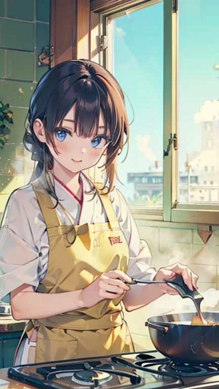 8K, highest quality, masterpiece, super detailed、middle short hair、bright、fine、brown hair、pale blue eyeedium breasts、cover your butt with your hands、lipstick、、whole body、Cooking、full nude、wearing a yellow apron、wearing socks and slippers、blush、Kitchen at home、Wearing a blue apron、backwards、angle from below、perfect hands、detailed hands