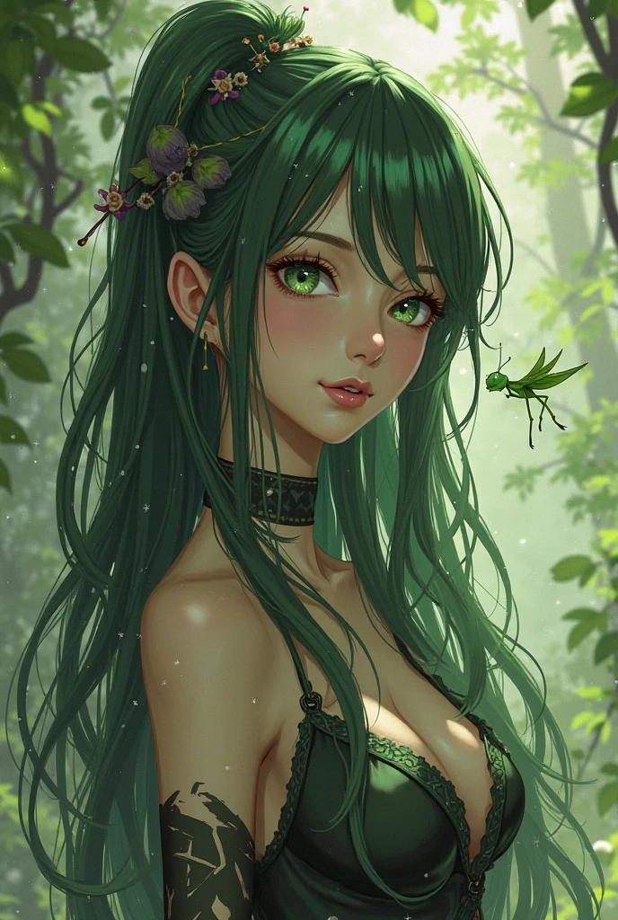 A woman of fragile build with long green hair and golden eyes. The girl is dressed in a green silk off-the-shoulder dress. She stands in the forest in a clearing. The girl's body wraps around the vines. Grapevines next to a girl. serious expression on his face. beautiful detail eyes. Fields with flowers. Sun light. day light. beatiful face, handsome body.