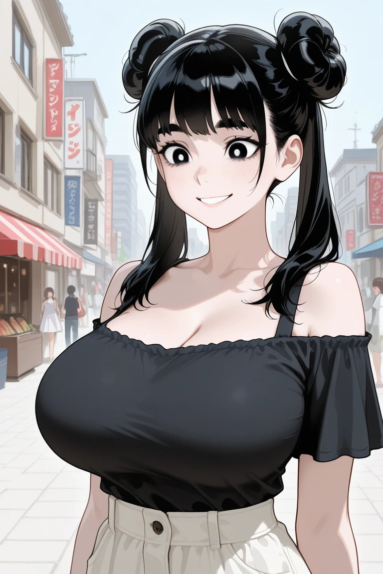 one-girl,medium breasts,cleavage,Bust photo,looks into camera,portrait, short black hair,bob cut, black eyes, strapless, Red and Black dress, Off-the-shoulder attire,City streets, smile, sunny day, 2D illustration, vector art.