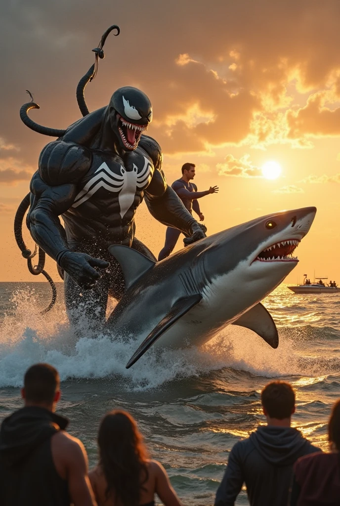 an evil superhero going down a water slide while beating up a happy supervillain