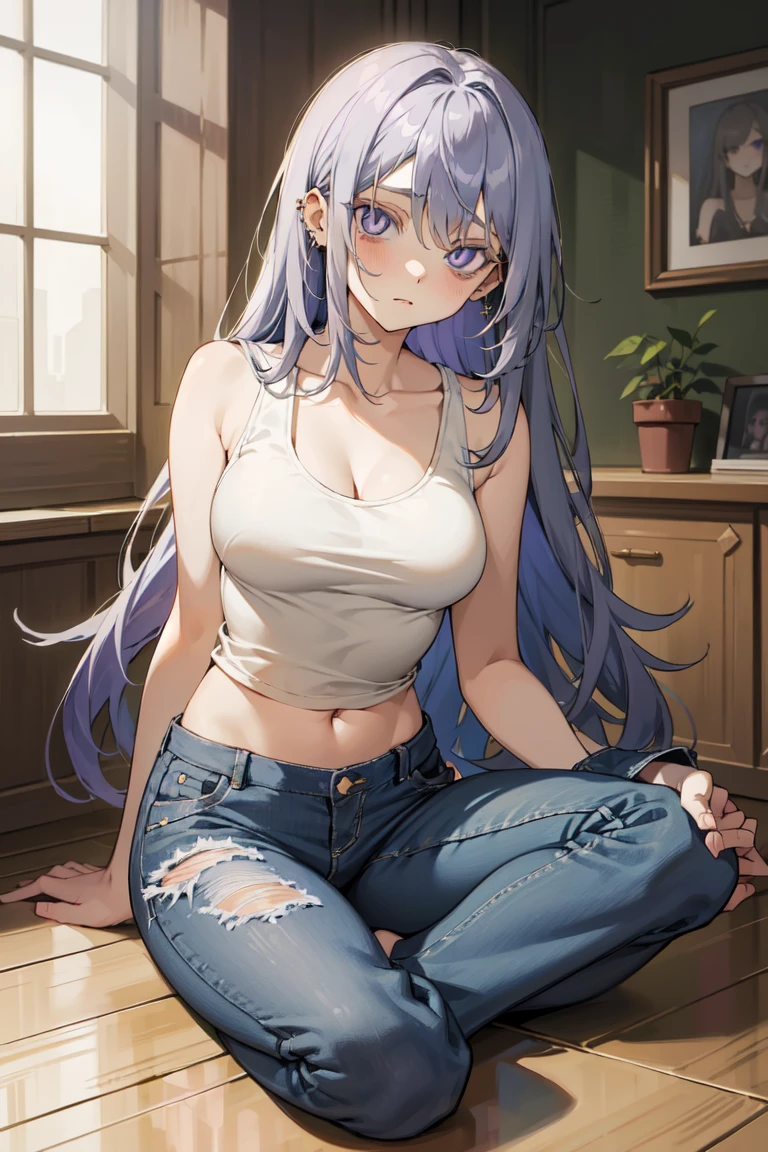 最high quality、best image quality、masterpiece、girl((20-year-old、 By becoming、vest bust、medium bust,wide open breast tea、shining eyes, neon hair、long hair、thin,highest valley、black tank top、blue pants、full body tattoo,diamond earrings、Wristband、necklace,bedの上で寝る,lie)),high quality、beautiful art、background((Beautiful hotel room,bed、Cat))、Flight、debris flies、Depth of written boundary、movie、visual art、perfect art、8K,genuine、Dynamic Performance