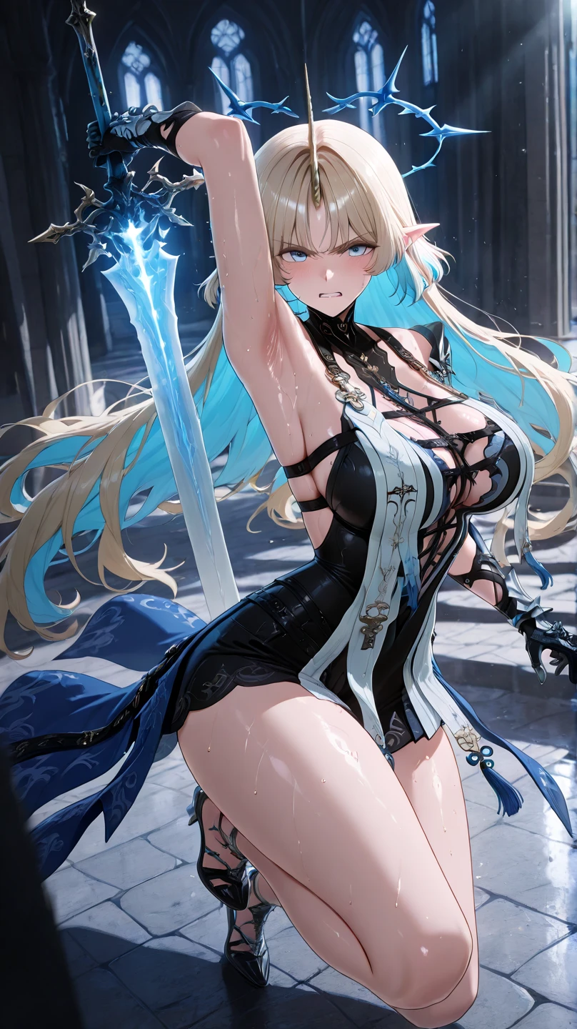 Bristles in the pubic area、Bad mood、Standing Full Body Pose、最high quality、best image quality、masterpiece、with a girl((10 years old、dark clothes、prisoner、 vest bust、bust 85、blonde、semi-long、blue eyes、open your chest wide、valley、happiness、Slender、provocative behavior、evil face、handcuffed、high laughter、skull tattoo、rose tattoo、target the audience、tighten blue rose hair、Black aura,power of darkness,NSFW、high quality、beautiful art、With background((prison、dark impression、House of Darkness、lots of chains))、table top、elaborate design、visual art、dark art,