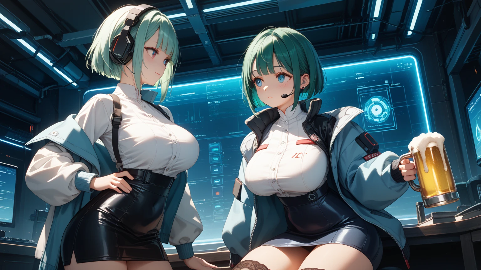 two beautiful skinny elf girls, rainbow color, neon grean and teal haircolor, space buns, cute face, giant green and black octopus tentacles touching the girls, extreme abs, cute face, rainbow colors, city, cityscape, ancient ruins, beautiful girls, cute face, desert, cute face, long neon colored hair, cat ears, extreme abs, rainbow colors, laboratory, desert oasis, cute face, water, detailed scene, futuristic style, rainbow colors, neon green detailes, in a e-girl room with a lot of stuff on the walls, neon blue extremely long hair, cute face, extreme abs, very skinny, futuristic style, computer, cute face, cluttered room, art paintings, neon signs, window, drow elf, extreme abs,