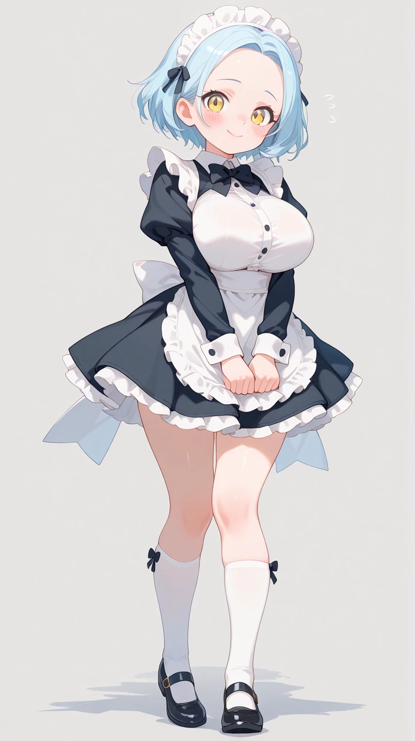 1girl,pov,black hair,light blue eyes,flustered,one-piece blackdress,pov,Embarrassed,big breast,maidapron,(White mob cap),puffy_sleeves,maid_apron, belt,thighhighs,masterpiece, best quality, very aesthetic, absurdres,(dress lift:1.5),(straight-on),(Frilled Panties)