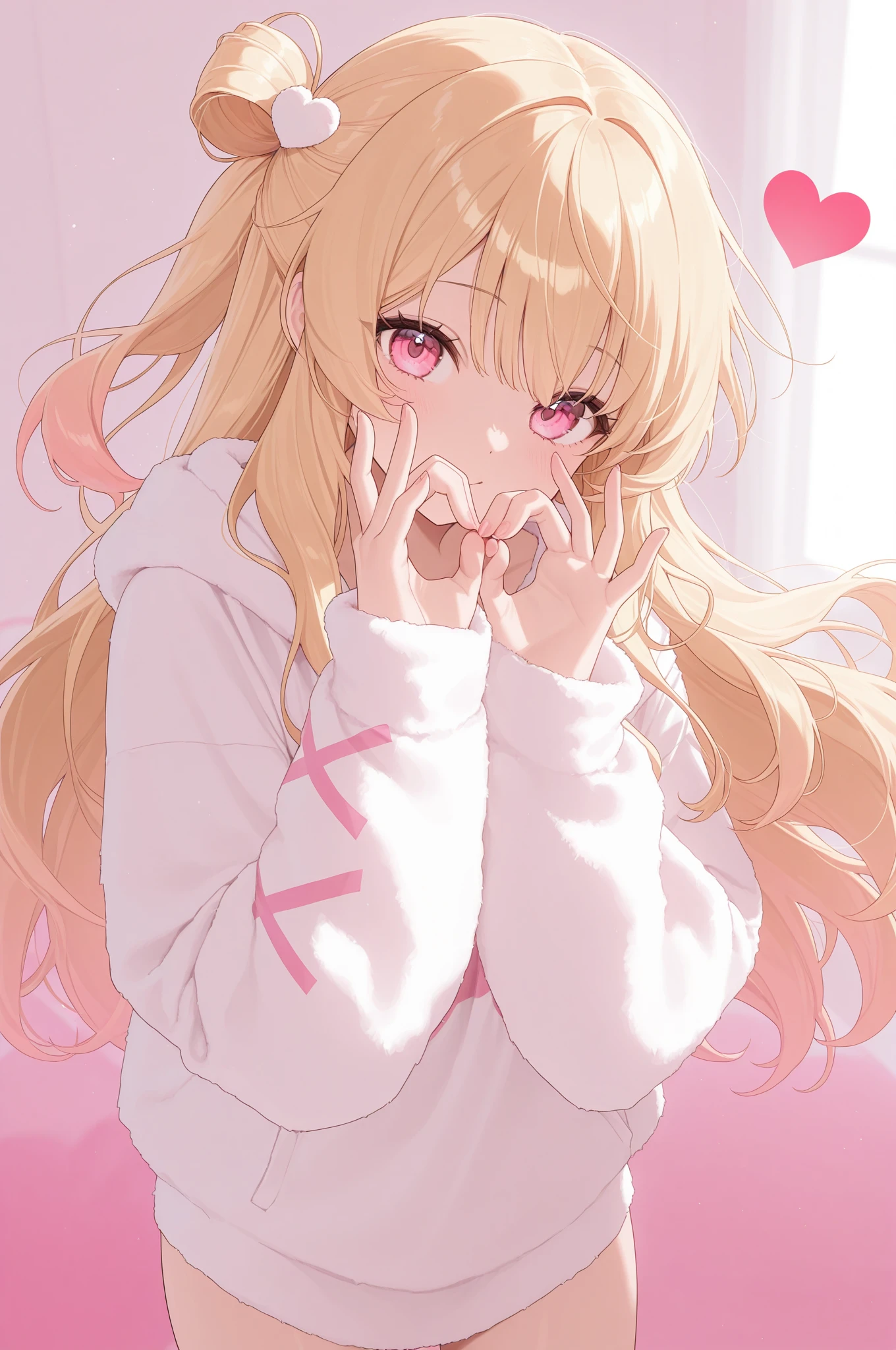 ((Best Quality)), ((Masterpiece)), (detailed), 1 girl, Pastel yellow hair, long hair, hair covers one eye, purple eyes, big breasts, big thighs, large pink hooded sweater, tight black shorts, small white tights, asleep