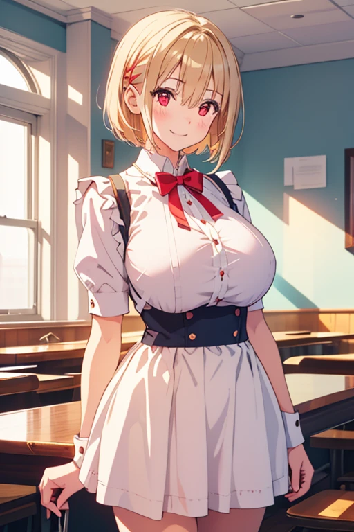 15 yeas old, girl, blonde short cut, slim, big tits, narrow red eyes, cute, cat ears, blussing, squint, ribbon-trimmed bikini, frills, Kneesocks, high heels, headdress, waitress, lifting the skirt, pleated skirt, frontal, standing, cafe,