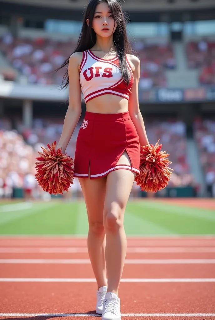 score_9, score_8_up, score_7_up, 1girl,Japanese,1 cheerleader, 22yo, japanese, cute girl, realistic photo,black hime cut hair with blunt bangs,(wearing cheerleader uniform,,sneakers,Pom Poms:1.1), small breasts, shirts lift.skirt lift,no bra,puffy nipples,visible shadow of erect nipples ,(pussy juice),no panty,camel toe,hairy pussy, seducing viewer, curvy, looking at viewer,Stadium, standing, spread legs,legs spreading,(one leg up) ,red theme, from front, smile,