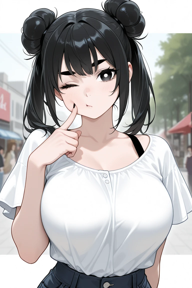 masterpiece,ultra detailed,hyperrealistic anime,curvy seductive woman,(tareme:1.2),thick lips,long black hair,blunt bangs,wavy hair,tube top frilled blouse,black pleated skirt,see-through stole on shoulder,make-up,standing at crowded street,sweaty,look at viewer,aroused,pouting,(pubic hair),peace sign,