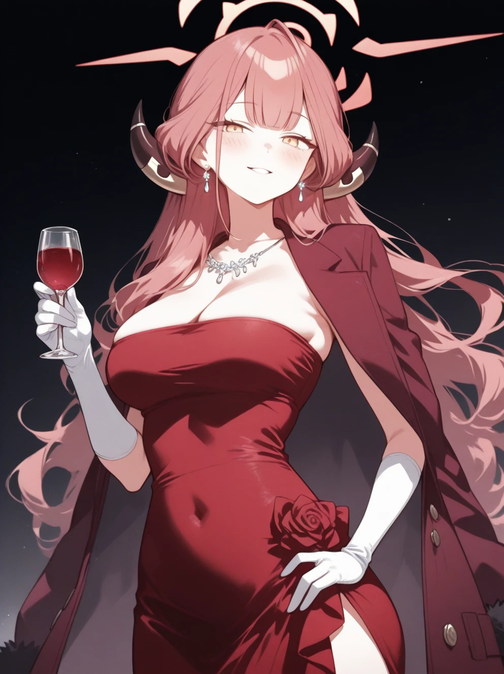 score_9, score_8_up, source_anime, 1girl, solo, AruDress, long hair, horns, halo, necklace, earrings, red dress, strapless dress, cleavage, elbow gloves, white gloves, jacket on shoulders, indoors, holding wine, wine glass, smile, blush, drunk, <lora:ChamRikuhachimaAruPonyXL:1>