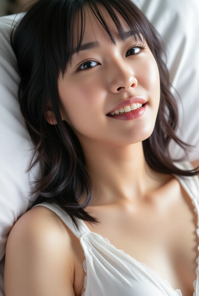 Best-quality, Masterpiece, Ultra-High-Resolution, (Photorealistic:1.4), Raw-Photo, from above, 1girl, the most famous Japanese idol, ((lie down on bed, hands on chest, wearing pajamas with sexy-design, open mouth, innocent-smile), (extremely cute face like the most popular Japanese idol, ((extremely beautiful big-black-eyes, extremely beautiful hair), extremely beautiful skins, extremely beautiful long-eyelashes, extremely beautiful lips, extremely beautiful teeth