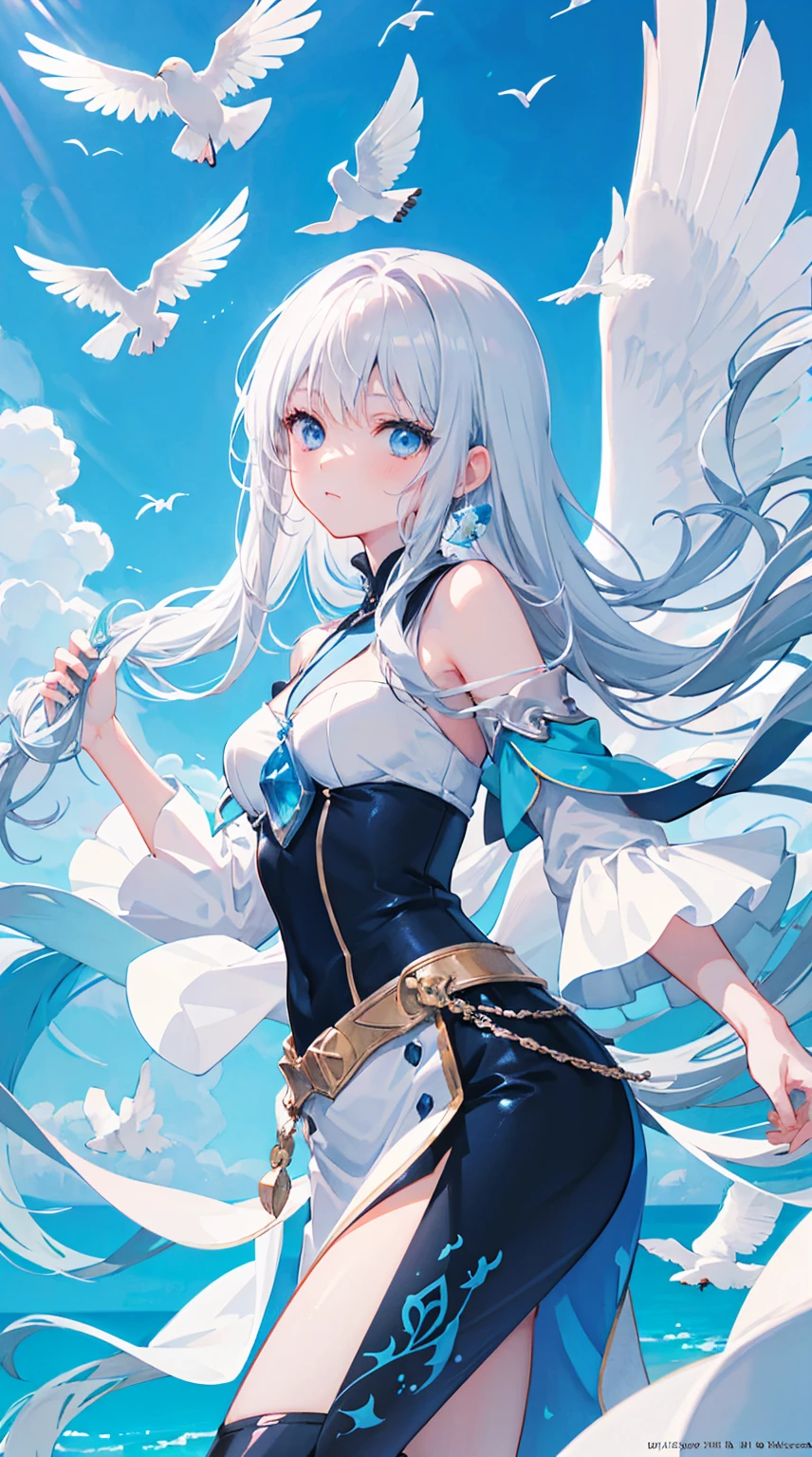kawaii, anime, Cute, hyper quality, highly detailed, 8k, Clarity, Draw facial expressions in detail, long silver hair woman, mysterious, Beautifully depict the eyes, highlight on eyes, clarify shadows, Feathers dance, full of light, Rainbow colored light in your eyes, Make the background stand out, draw the whole body, light pours from heaven, make light and darkness clear, summer sunshine, Clarify the contrast between light and shadow, Make the contrast of color saturation clear, strengthen contrast, Improve the depiction of eyes, pull point, Draw water droplets realistically, Late summer heat, iris, Dynamic feeling, eye color is blue, Draw the whole body using perspective,