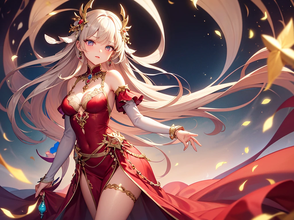 1female ,Beauty makes people look seductive ,Around 25 years old,Seductive eyes , (Extremely high level of makeup ,Pink eyeshadow) ,(Long flowing hair) ,Wear gorgeous open-waisted dresses,Snow-white fur shawl,Nice navel,jewel embellishment,Red delicate high heels,Long-legged stockings,Tighten your pants,Fingerless gloves,Nice fingers((Correct fingers),(Normal human hands,Consistent with human dissection),(Slender fingers) )(Red manicurs sparkle),Full body photo