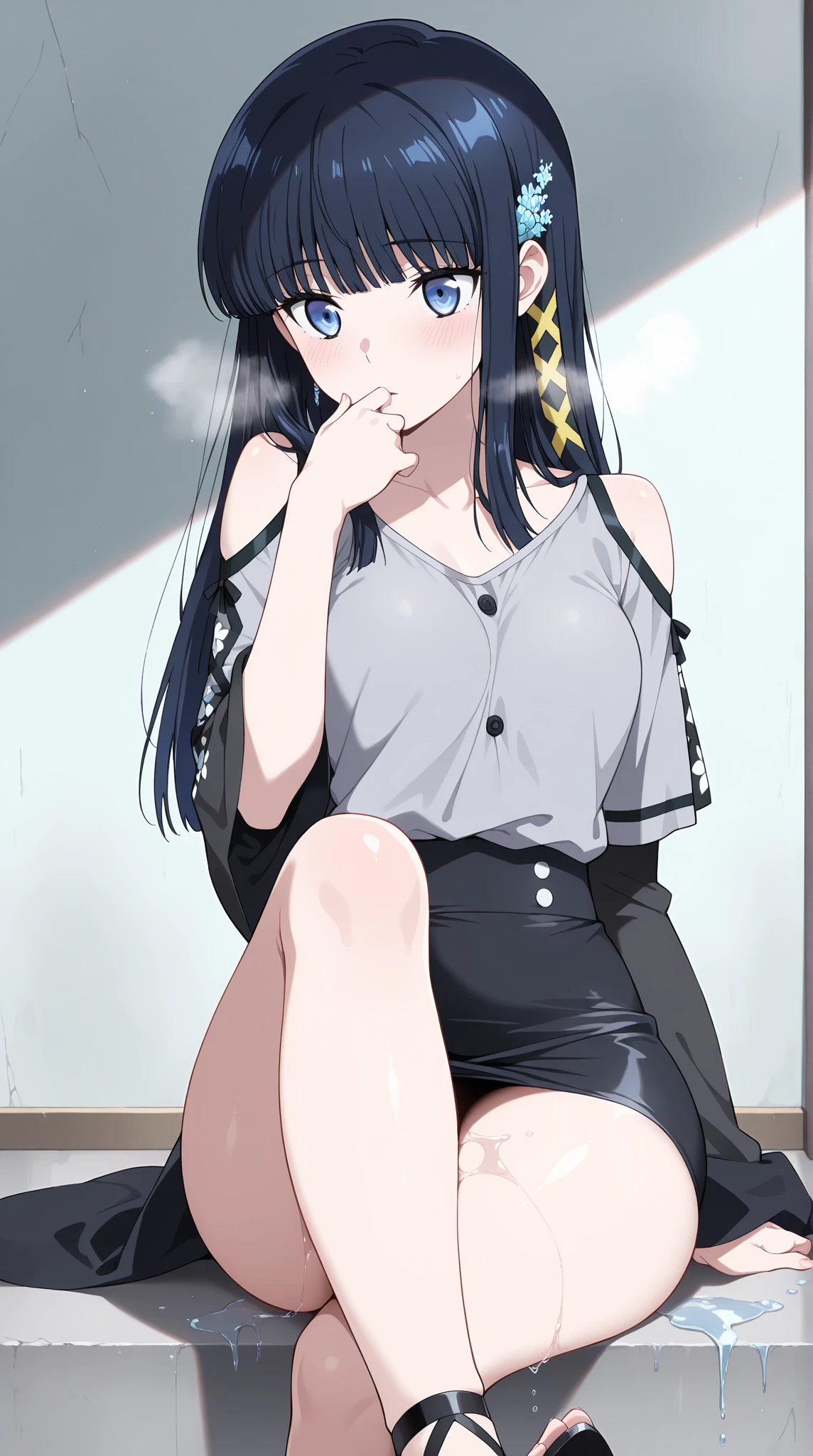 cutesexyrobutts style, 1girl, solo, blue_eyes, long_hair, blue_hair, shorts, glasses, shirt, looking_at_viewer, breasts, white_background, v, simple_background, t-shirt, white_shirt, denim, blue_shorts, short_sleeves, sitting, black_footwear, denim_shorts, large_breasts
