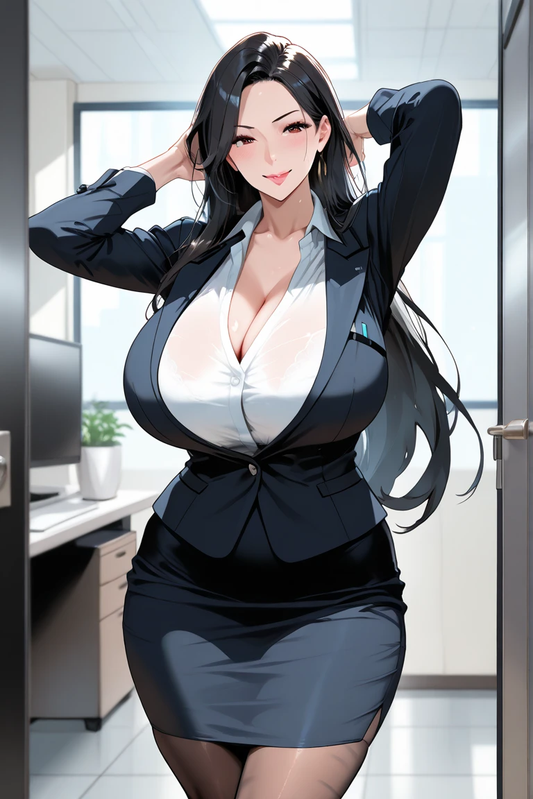 source_anime,score_9,score_8_up, score_7_up, 1girl,solo,large breast,one piece, mature woman, boa hancock, long hair, very long hair, black hair, shinny hair, long legs, long Belly, shirt, white shirt, skirt, pencil skirt, pantyhose, office lady, collarbone, navel, indoors, office suit