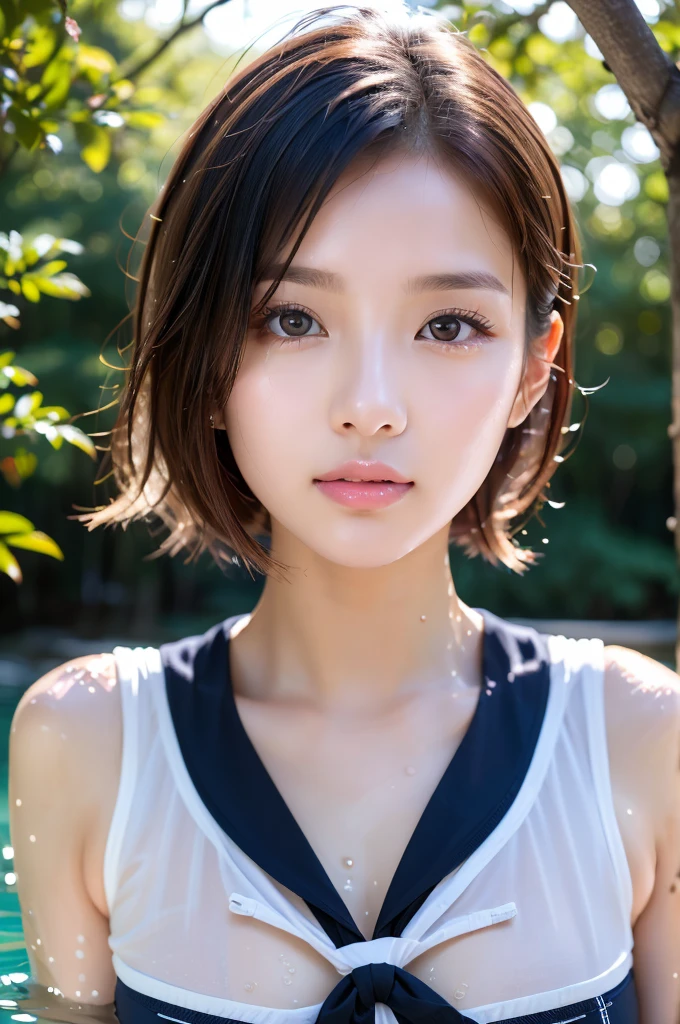 a park,date,(Tank tops:1), Light brown fringe shorthair, bright brown eyes, 1girl in, 20yr old, innocence, (Photorealsitic), (intricate-detail:1.2),(masterpiece, :1.3),(top-quality:1.4), (超A high resolution:1.2), 超A high resolution, (A detailed eye), (detailed facial features), HDR, 8K分辨率, (lensflare:0.7), Looks Back, Busy with inspection reports, Face Viewer