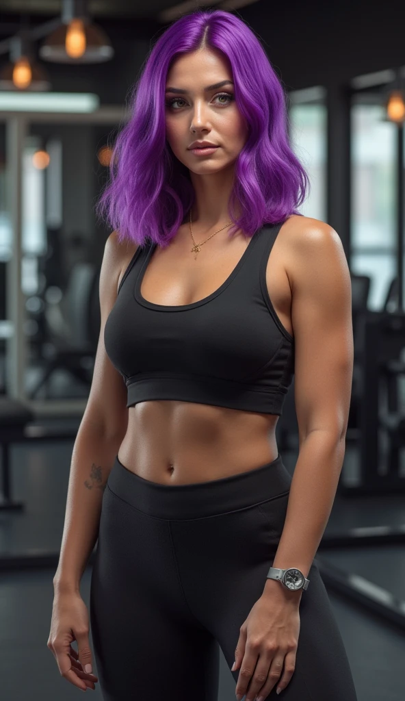 there is a woman in a purple shirt posing for a photo in a purple shirt, arms to the side, arms behind the back, side pose, half body photo, half body photo close up, back photo, upper body photo , toned arms, mid body photo, half body shot, half body shot, looking from the side!, bent arm pose! black background. She is wearing a vibrant purple sports tank top and mixed shorts (((blue-gray-green-black))), suggesting an active lifestyle or athletic attire for working out. Sharp photo, high quality, high resolution (ultra quality masterpiece), Ultra HD, high contrast, 16K. Masterpiece: 1.3, high resolution, (photographically realistic), NUDE, NUDITY, NFSW.