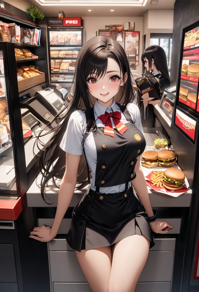 Highest quality, Super quality, 16K, Incredibly absurd, Very detailed, delicate and dynamic, SFW, Natural light, Small particles reflect light, Diffuse reflection of light, Vortex of Light, In-store pop, KFC, Fast food restaurants, McDonald, hamburger, Sparkling, Create amazing image effects, cash register, Upper body close-up, (cute sexy girl, hamburgerショップの店員, Sensual expression, fine, Active, smile, cash registerで接客, paper bag, , , black long hair, hamburgerショップのUniform, hamburgerショップの帽子, , Tifa Lockhart Final Fantasy VII )