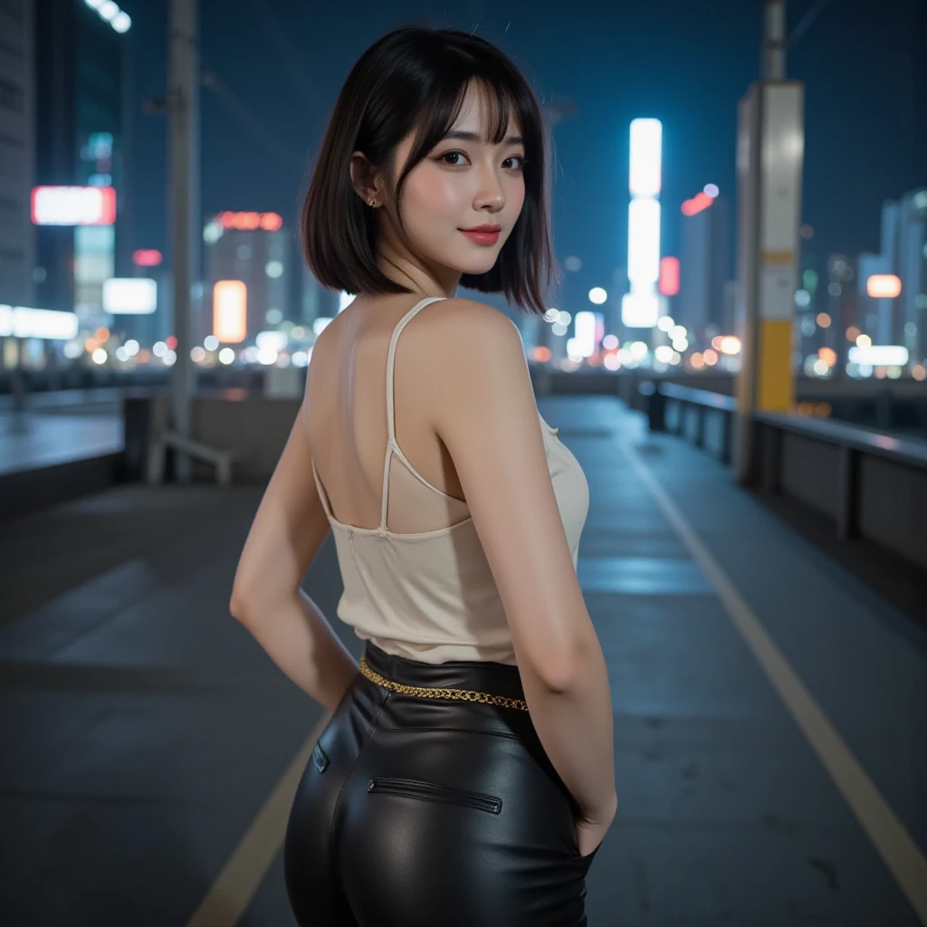 nikon RAW photo,8 k,Fujifilm XT3,photorealistic,realistic, solo, photorealistic, best quality, ultra high res, (skin spots:0.1) serious expression, , standing against a city skyline at night,business suits, short, wet and tight shirt,Suit skirt beautiful, masterpiece, best quality, extremely detailed face, perfect lighting, solo,1girl, sexy sight best quality, ultra high res, photorealistic, ultra detailed, masterpiece, best quality, iu1, big buttocks