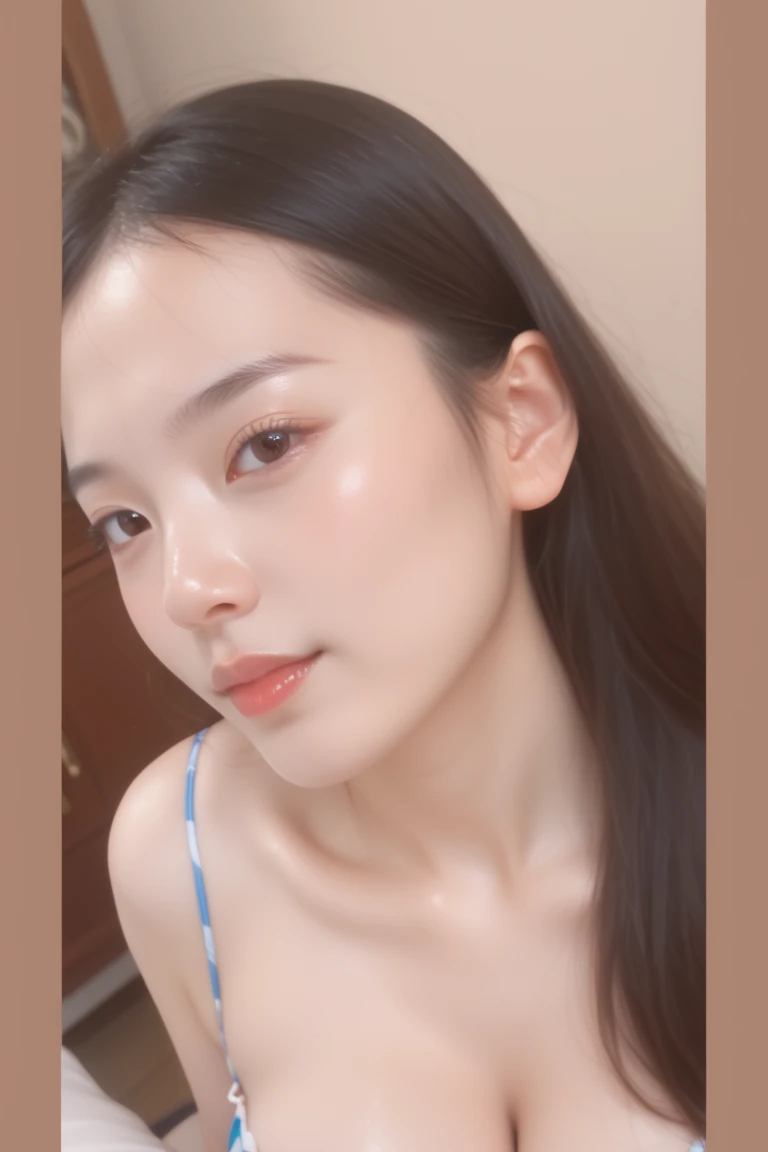 little glossy skin, very glossy lips, warm white lighting beside