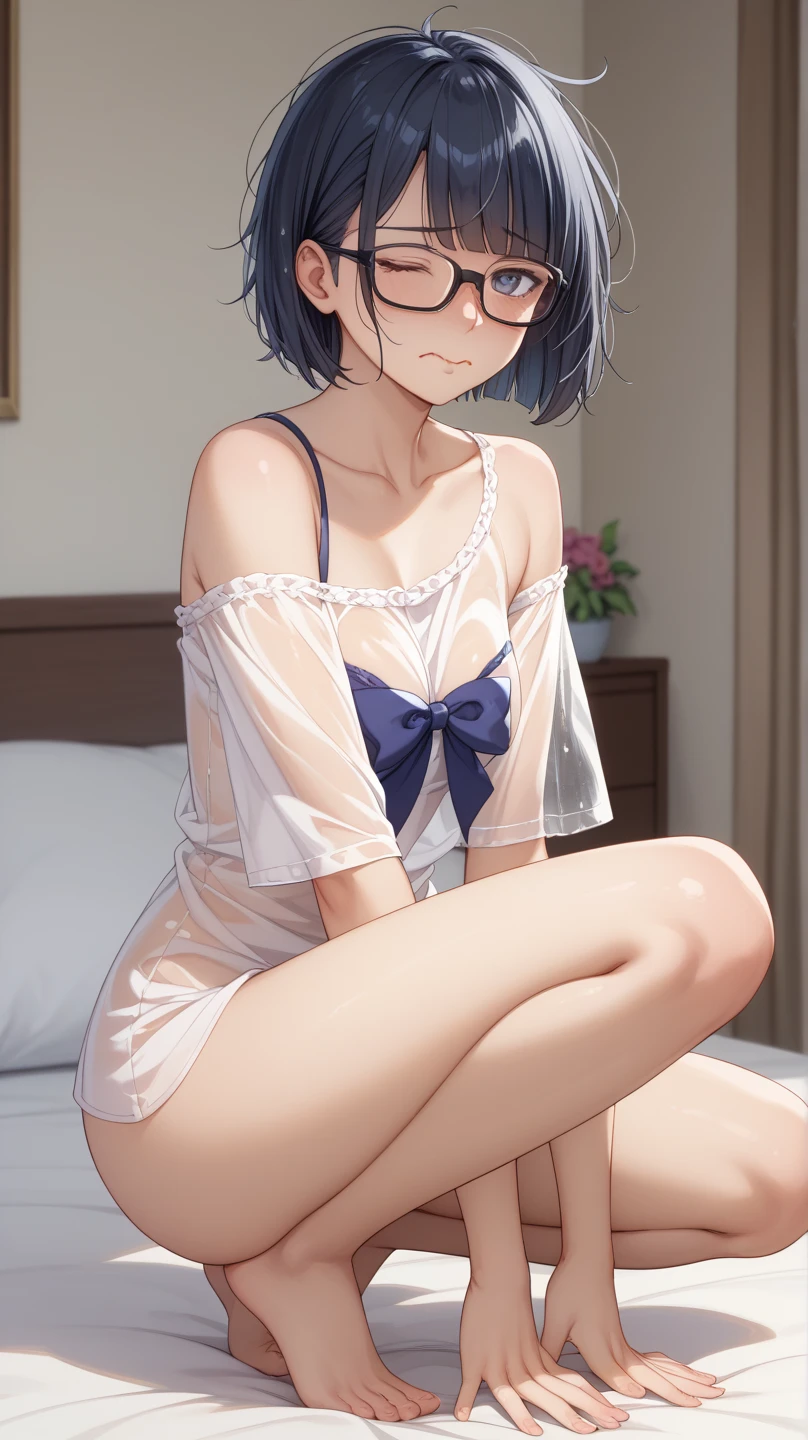 (((Pixel Perfect, Perfect in every detail,nsfw,,clothes lift,large breasts,bitch,1 girl))), alone, One girl, Ruka Sarashina, Blue Ribbon, big , (Lingerie Set), View your viewers, In the room, sitting