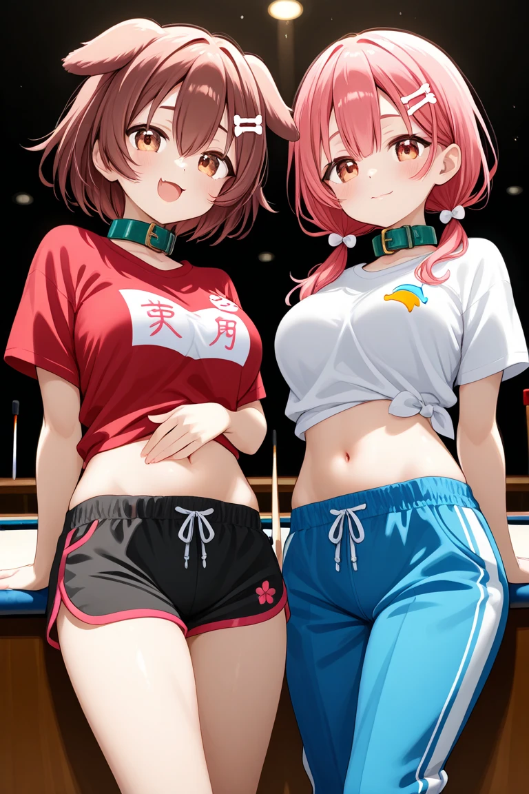 ((Highest quality)), ((masterpiece)), (detailed), a beautiful red haired anime girl in boxers and bra standing next to a yoga ball, 1girl, double bun, breasts, 独奏, hair bun, shorts, navel, sweat, ahoge, looking at viewer, red eyes, Virtual Youtuber, red hair, sitting, underwear, sports bra, blush, cleavage, streaked hair, blue shorts, sweat
