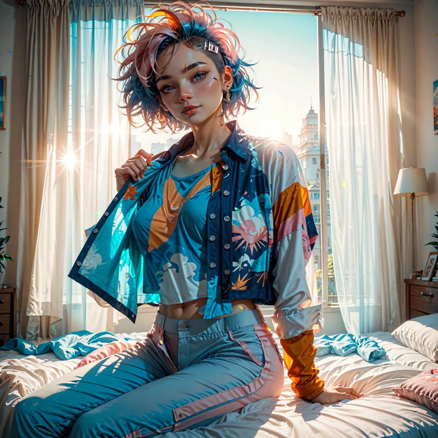 (shoulder-length straight short hair: 1.2),(rainbow color hair:1.5),（Extremely meticulous CG 8k wallpaper），（Extremely refined and beautiful），（Masterpiece），（best qualtiy:1.0），（Ultra High Resolution:1.0），beautiful light up，Perfect lightning，realistic shaded，[A high resolution]，Smooth and flawless fair skin，Extremely exquisite facial details，ultra - detailed，A  girl，small head,dawn,Dim light,Close Shot,at home,in bedroom,lying flat on back in bed,Blue green background,(Close eyes:1.5), sleeping, fainting, enjoying a comfortable and intoxicated expression,(open mouth:1.3),(drooling:1.4)，Top down overhead camera perspective，small face,（perfect body:1.1）,small breasts，flat chest，slim,(rainbow color pajama shirt:1.5),(white pantyhose:1.3),Slender legs,m-legs,(femal orgasmic:1.5),(blush:1.3),ahegao,cowboy shot,portrait