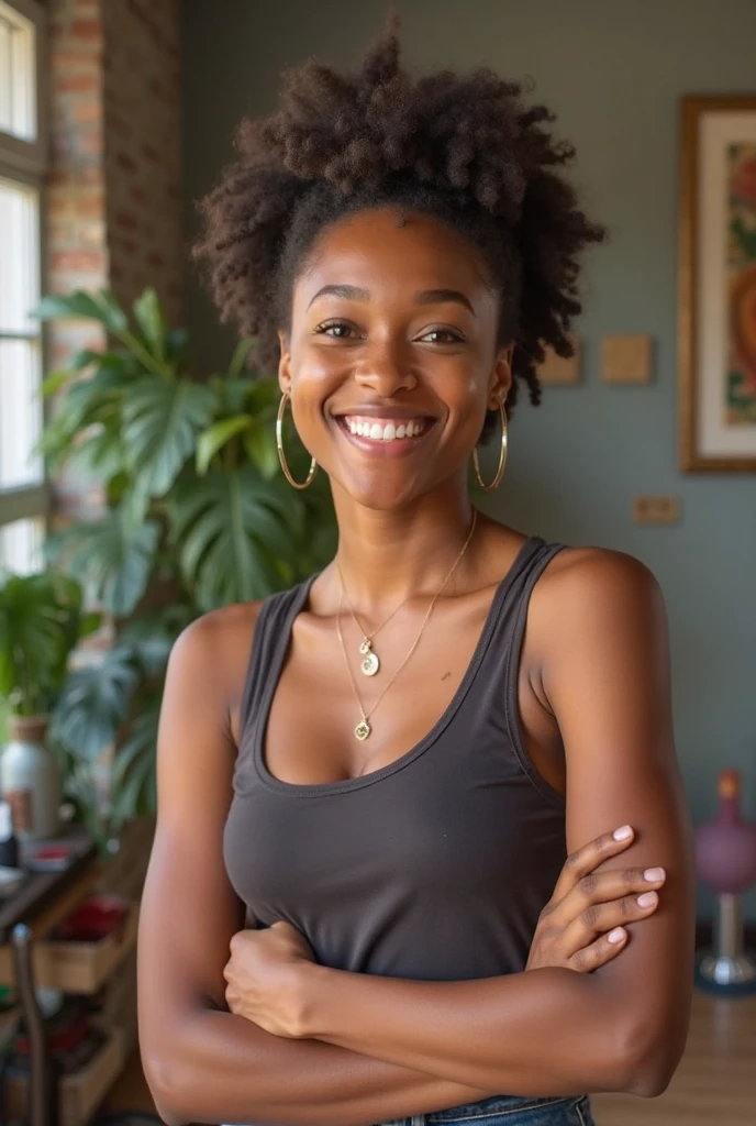 Latin mother from the Dominican Republic, chubby, white skinned, sitting on the floor, con blusa negra sin manga y pants negro, with her curly hair pulled back in a ponytail, the photo must be from the front 