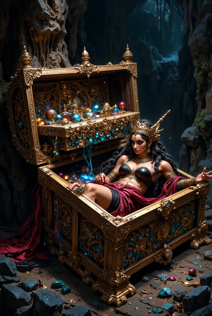 A lovely female indiana Jones (sexy explorer outfit), has discovered the throne chamber in an ancient ruin. (Eldritch symbols cover the odd obsidian wall partly obscured by slimes, molds, and fungus), (A throne of power(made of bone and gold pulsing with evil energy, its guardian is an enormous eldritch horror with many slimy tentacles and an enormous maw) beckons to her to approach the empty throne.