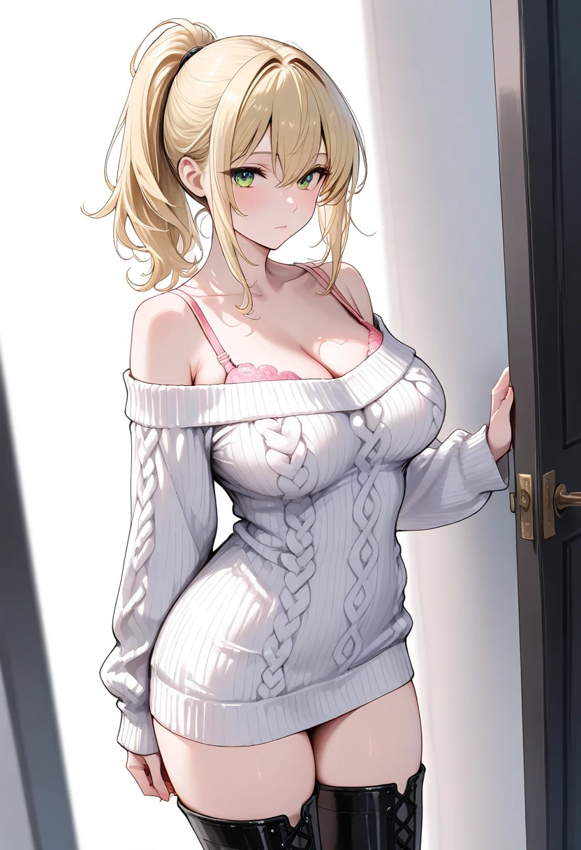 masterpiece, yor, 1girl, Bust A Cup, Amazing Cleavage:1.0, thin waist, big ass, Raised sexy, big breast: 1.2 posed cleavage:1.2、solo, looking at viewer, open mouth, black hair, red eyes, dress, bare shoulders, jewelry, collarbone, sidelocks, hairband, earrings, indoors, off shoulder, :o, sweater, arms behind back, plant, short hair with long locks, white hairband, off-shoulder dress, sweater dress, off-shoulder sweater, red sweater, big side hair, very long side hair,is rendered in (masterpiece: 1.2, best quality), with (ultra high resolution) and an exquisite (depth of field). This masterpiece is not only visually stunning but also tells
