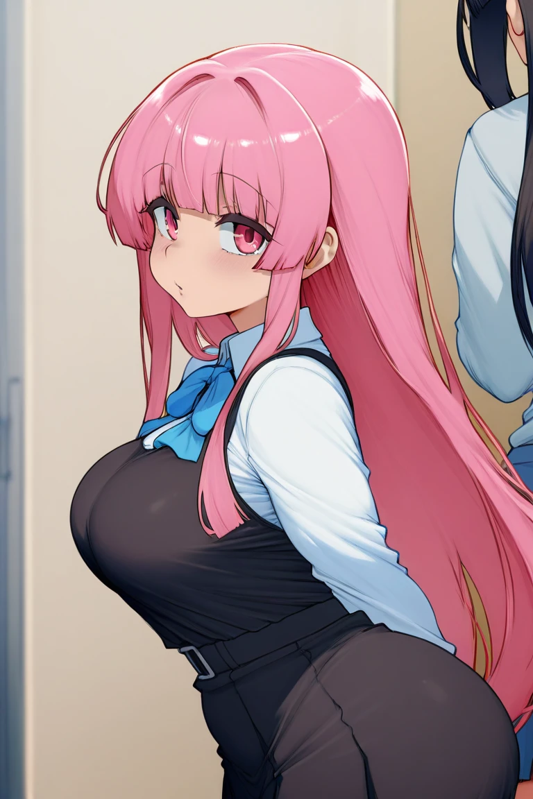 anime_still, masterpiece, best quality, 1girl, Gasai Yuno, long hair, pink hair, low twintails, sitting on a chair, old room, (large breasts:1.5),1girl, black choker, dark grey, (overalls:1.25), leather gloves, black boots, ((nigth:1.5)), (black face mask:1.25),