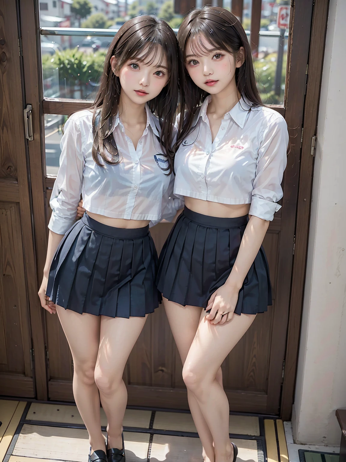 (((2girls:1.8))), (((Dressing:1.8))), ((Dress up reliably:1.8)), (((pantie shot:1.8))), (((Show the camera all of everyone's panties:1.5))), ((Lifted skirt:1.8)), (((short sleeves school uniform:1.8, Dark blue mini skirt:1.5, white panties with a small area,,,,,,:1.5))), espadrilles, Modern old cityscape:1.8, (Smiling smile:1.8), (((2girls:1.8))), 18year old, 7headed body, Ideal ratio body proportions, erectile nipple, short-hair, A dark-haired, With bangs, small tits, A slender, Small buttocks, beauty legs, Skinny Legs, surrealism, Cinematic lighting, depth of fields, One-person viewpoint, F/1.8, 135 mm, nffsw, masutepiece, ccurate, ((Anatomically correct:1.3)), Textured skin, Super Detail, high details, High quality, awardwinning, Best Quality, hight resolution, 8K