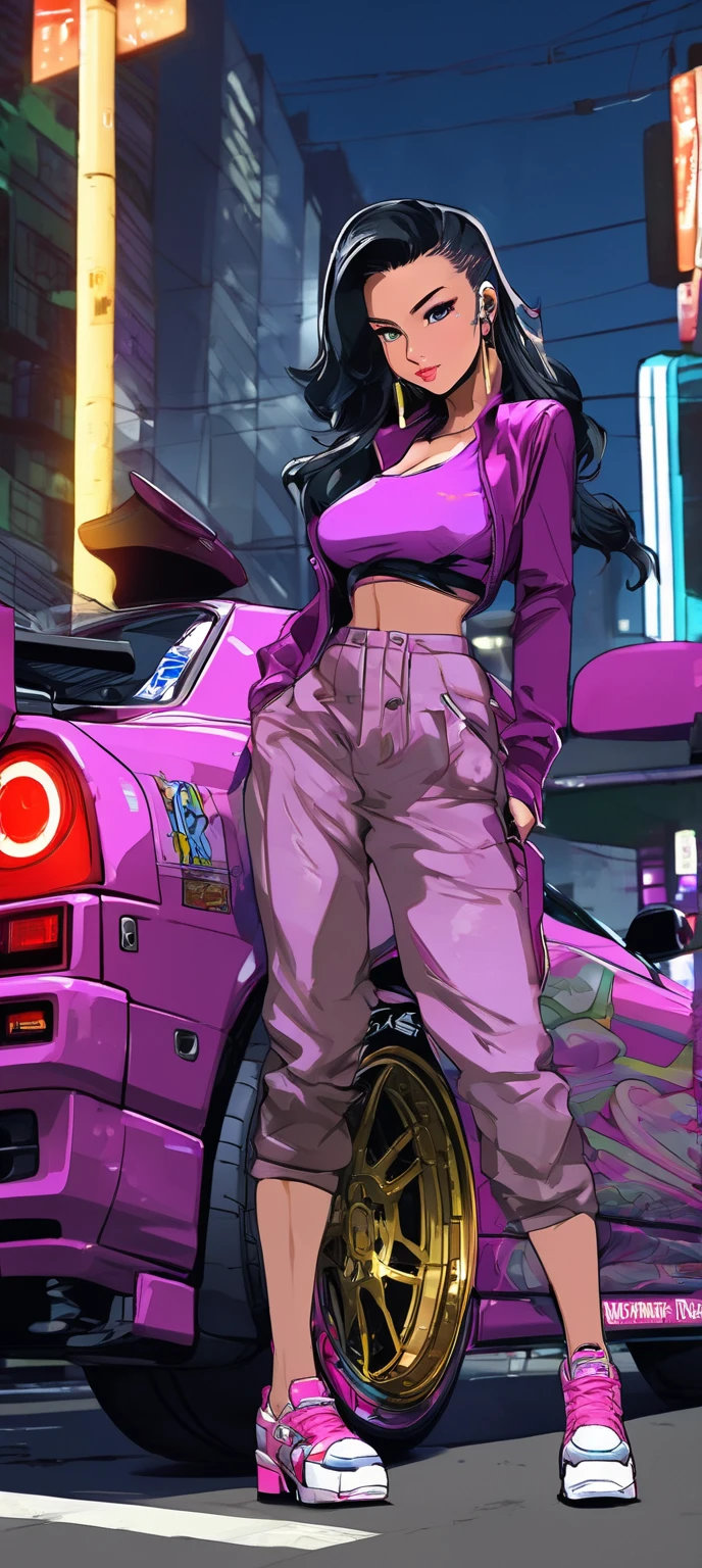 A portrait of a woman (curvaceous, colossal cleavage:1.3, sexy) leaning on a car, in the style of GTA V, vibrant colors, bright colors, urban background, hyperrealism, intricately detailed, intricately textured