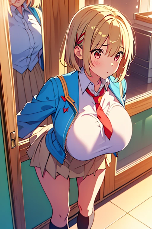 One girl, highest quality, Super detailed, masterpiece, Ultra-high resolution, 8k, Ridiculous, Cowboy Shooting, Focus on the girl, Embarrassing, blush, Lovely, Close one eye, With tears in her eyes and her mouth open, drooling, (arms behind head), Classroom Background, ((ashelia b'nargin dalmasca, final fantasy)), (Red Skirt), (standing), (medium breasts), (sagging breasts),(huge nipples), Absolute area, Waistline, Black knee socks, front shot, from above