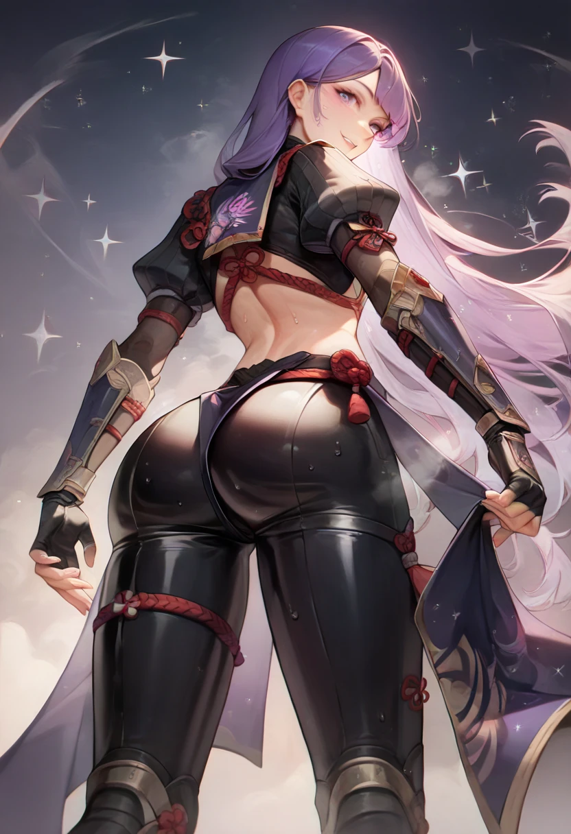 (solo), purple hair, messy hair, mane hair, short hair, dense hair, wild hair, expressive hair,(25 year old), pale skin, ((Female)), green eyes, beautiful girl, wearing purple and yellow boss armor, beautiful, attractive, huge breast, big ass, eye reflection, depth of field, thunder aura, cinematic lighting, ray tracing, depth of field, cinematic lighting, ray tracing, UHD, high details, best quality, highres, high quality, award winning, super detail, masterpiece, 8k, UHD, high details, best quality, highres, high quality, award winning, super detail, masterpiece, 8k, digital art, anime coloring, body shot, full body, back shot, good face, perfect face, detailed face, good eyes. The background is space. A whitehole in the background.