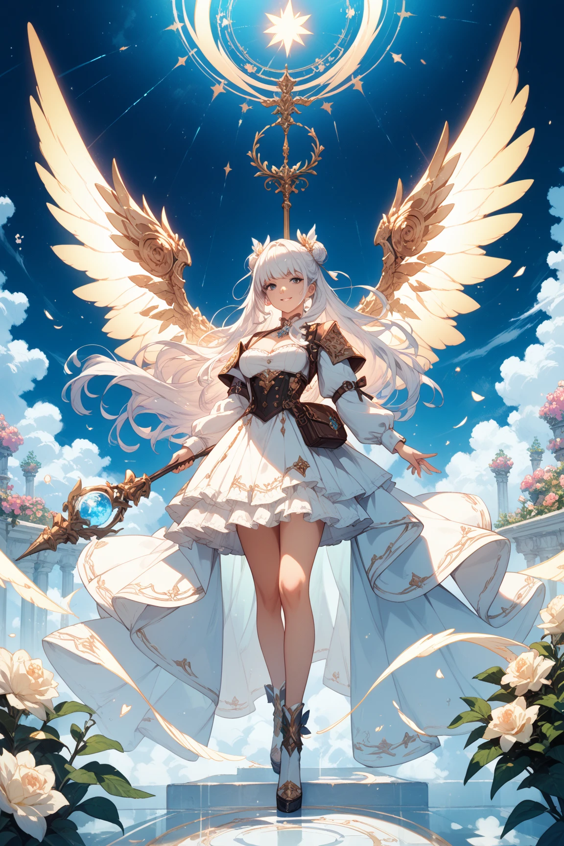 Cyborg, Girl, Beautiful girl, Cute, Sexy, Strong, Slender, Delicate, Smile, (Lolita costume), High legs, Metallic, ultra color, paisley, Headgear, mandalas, Near future, Heaven, angel, feater, wing, Helix lamp