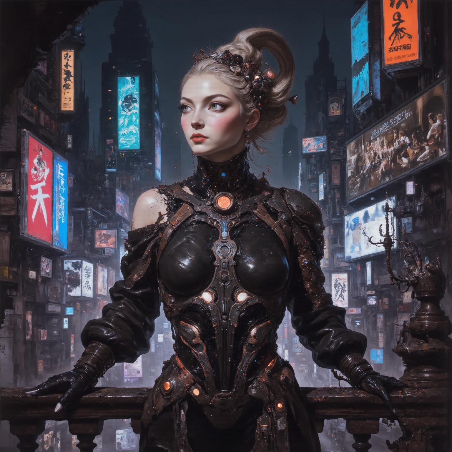 1 character, Ultra realistic 16K CG, masterpiece, Best Composition, Photo quality, work of art, full length portrait, Character incredibly beautiful girl., Incredibly beautiful face, very detailed face, Detailed eyes, detailed hair, correct ???????, bride, princess, Against the backdrop of a futuristic city, The capital of the Star Wars empire in the style of John Lucas, Incredible skyscrapers in the background. naked, flowers, Crown of their flowers and diamonds, high detail, Lots of elements, Flowers in containers, Creepers on the walls, gilding on structures, neon lights, evening, Twilight, futuristic display, Hologram, night, fantasy advertising lights, Street, flying transports, loot cargo ships, cranes, Manipulators.