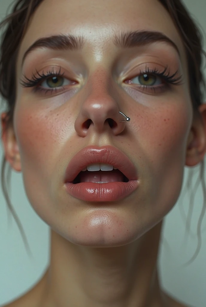 a girl with a close-up of her face, botox lips, enlarged lips, big, plump lips, huge lips, super big lips. Add texture to these lips, making them expressive and attractive.