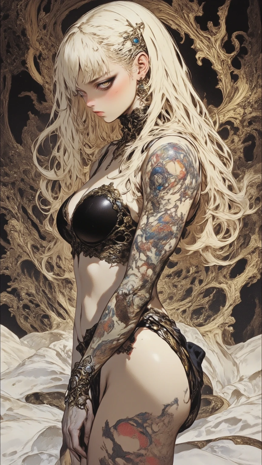 a close up of a woman in a dress with a large breast,((full body)) ((showing panty)) ((almost naked)), ((almost naked)), full color manga cover, style of masamune shirow, manga comic book cover, by Masamune Shirow, white haired deity, inspired by Masamune Shirow, doujin, japanese comic book, full color manga visual style, manga cover style, manga cover, ecchi