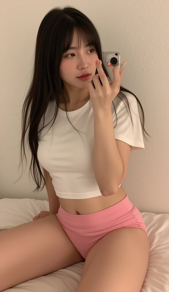 An ultra-high picture quality、Perfect Photo、13-year-old beautiful girl、Japan beautiful girl、middle school girl、light skinned、slender、Black Haired Beautiful Girl、cute little、（tiny chest）、Lying on his back on the bed、Denim Mini Skirt、Raised mini skirt、（big eye）、With bangs、（astonished face）、sports hair、Straight hair、（teats）、girl's own room、thighs thighs thighs thighs、（White panties are visible）、（I can see a little bit of underwear）