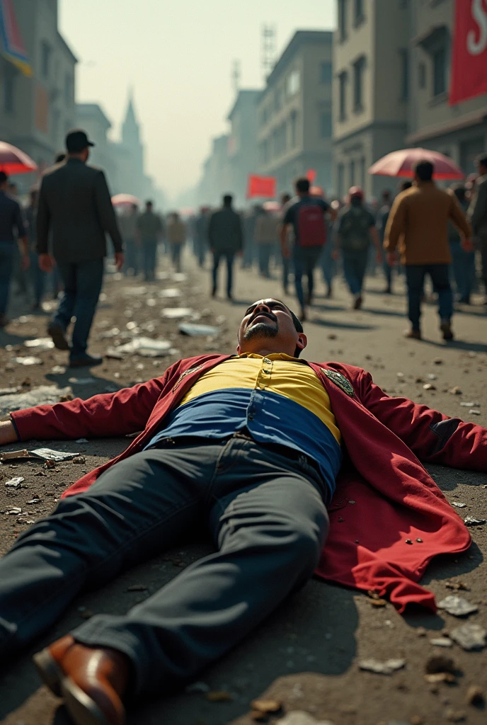 Manga realistic art , man in colorful suit lying on the ground while it rains in a destroyed city at dawn, with a colorful mask broken on the ground, and parts of it on his old Man face, While smiling and crying with happiness while saying "you are my pride Ben broth"