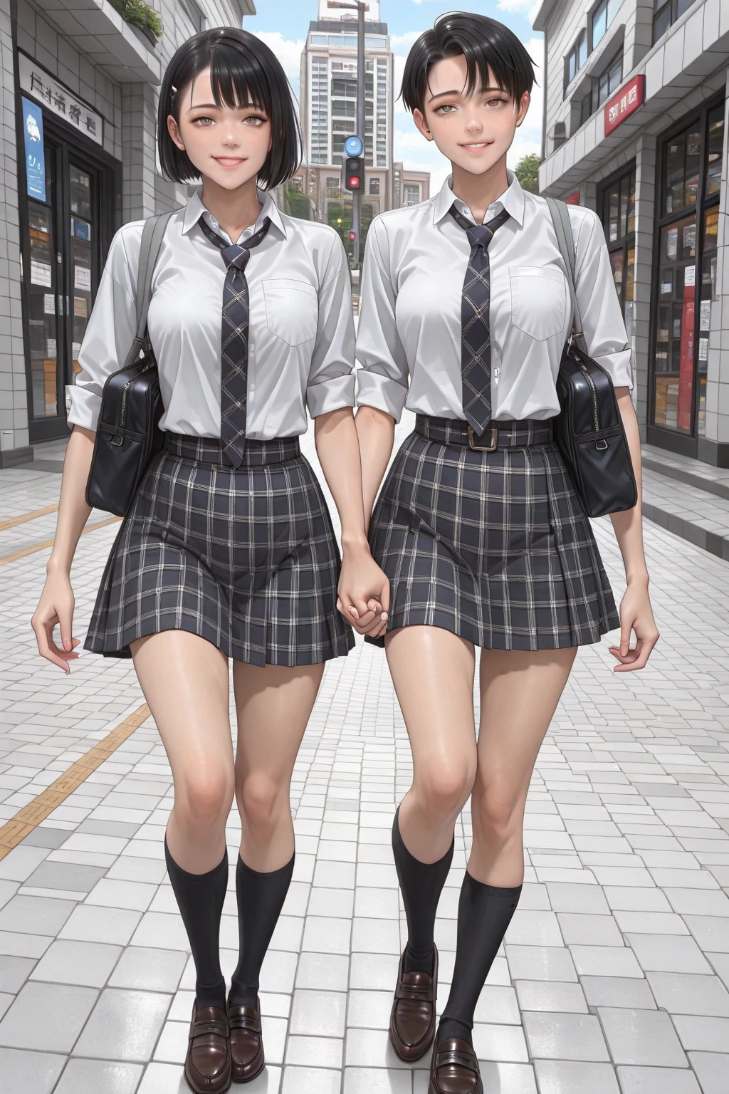 Two girls, with school uniforms both, lesbian couple, looking at each other, tall, beautiful, flat