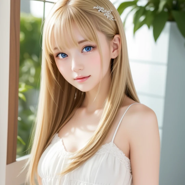 Ultra-high resolution, highest quality, photograph, 4K, (Realistic:1.4), Girl with a wreath on her head, Long Blonde Hair,nude,