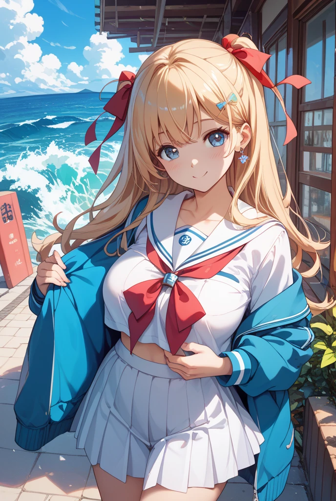 ((masterpiece、4K、8K、highest quality: 1.perfect fingers: 1.perfect anatomy: 1.3、background blur))、((Super precise expression))、,((16 years old、thin、small face、super beautiful girl、blonde、straight long hair))、((Sailor school uniform one piece swimsuit、barefoot))：1.3、barefoot、cute eyes：1.1、(Blushing and embarrassed:1.3)、（Are standing、whole body：1.5)、(Summer blue sky、sunlight、white sand beach)、

