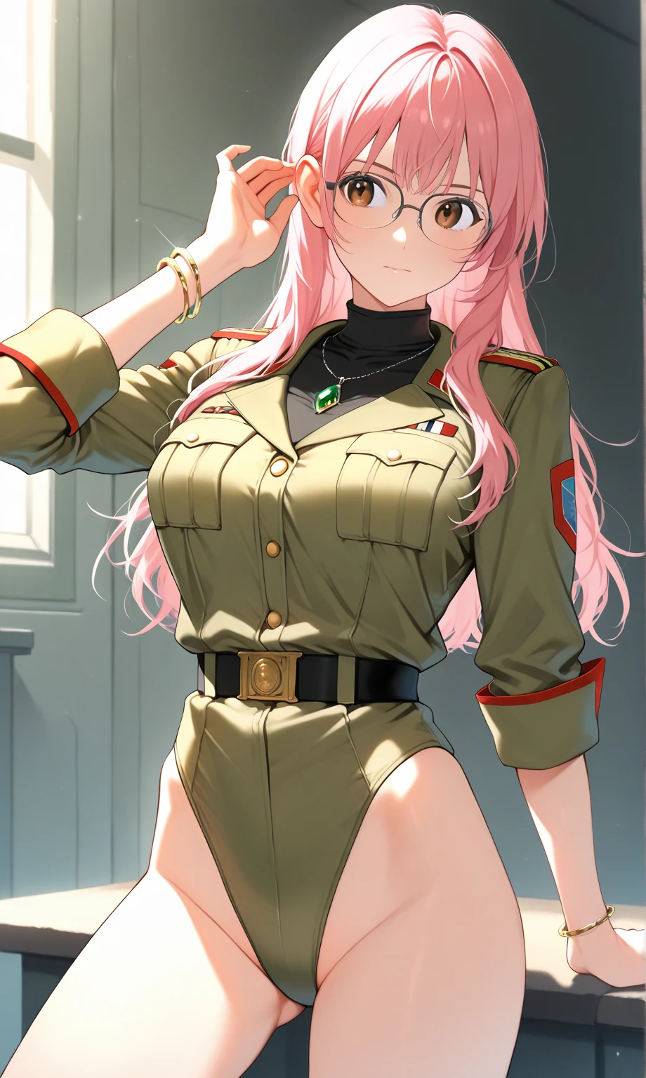 (meilleure qualité,haute résolution) Invite de diffusion stable: A girl with pink hair and yeux verts, wearing a Uniforme vert militaire, standing in front of a background with mini-jupe déboutonnée and gros seins, exhibant son corps en forme. MOTS CLÉS: Fille aux cheveux roses, yeux verts, Uniforme vert militaire, mini-jupe déboutonnée, gros seins, corps en forme Image Qualité salut militaire fumer