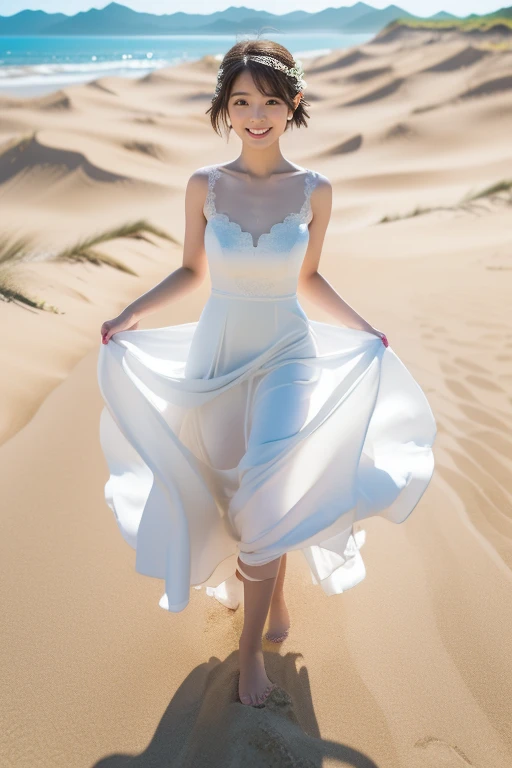 Beautiful woman wearing a veil covering her chest On the beach and in the mountains Long pink dress White veil covering her chest With a white cat Blue sky